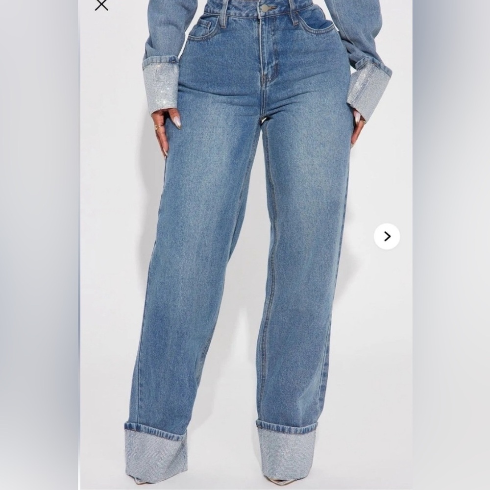 Fashion Nova Blue Flare Jeans With Blinged-Out Cuff